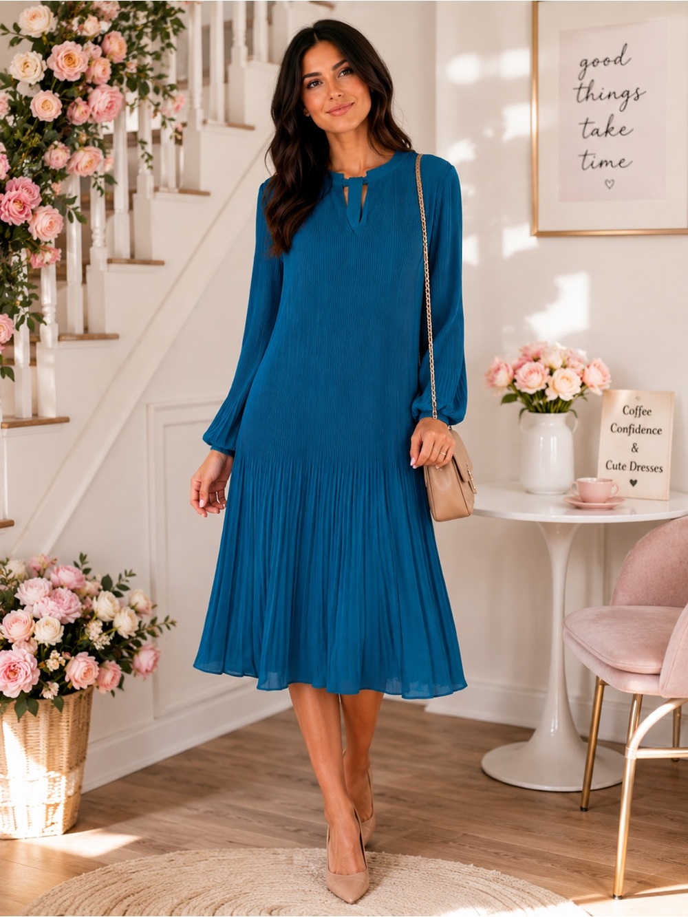 DKNY Teal Pleated Tie-Neck Navy Blue Dress